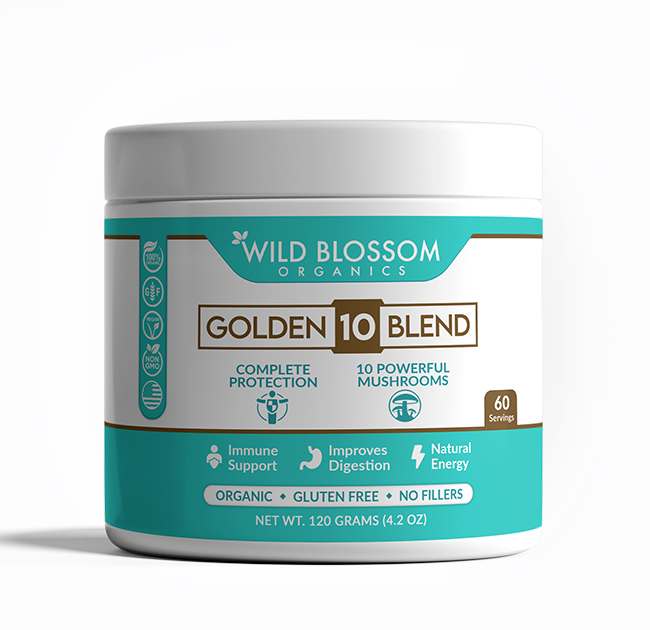 Jar of Golden 10 Blend Mushroom Superfood supplement
